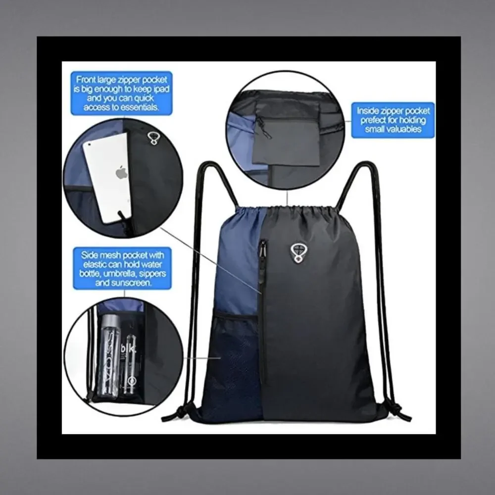 Thick Drawstring Lightweight Black Backpack Gym Bag with Pockets
